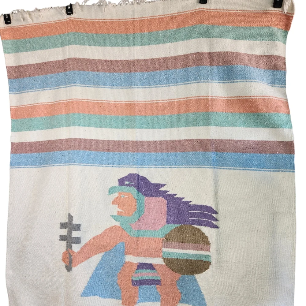 Vintage Pastel Striped Aztec Warrior Blanket Rug Wool Mexican Throw Saddle Boho